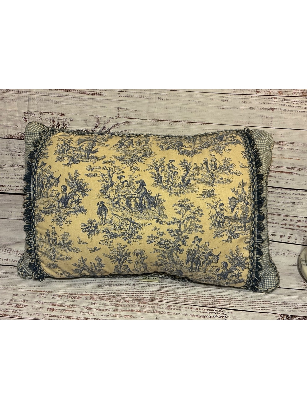 Vintage Waverly Toile Pillow Country Life Blue Cream Cottagecore Accent Cushion